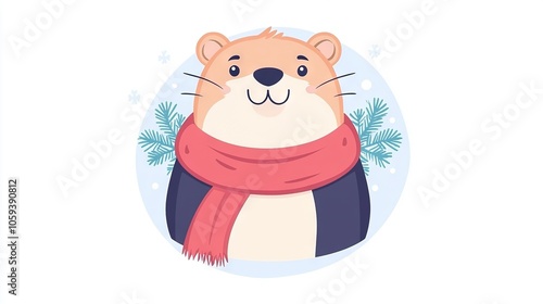  A beaver in a scarf, surrounded by snowflakes against a white backdrop