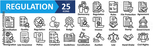 Regulation icon collection set vector illustration concept with icon of Constitution,Auction,Law,Hand Shake,Civil Rights,Democracy,Regulation,Rules,File Protection,Agreement,Accreditation,Quality