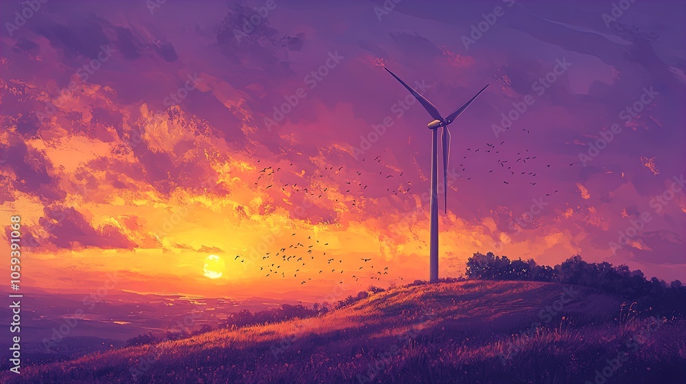 Obraz premium Serene Sunset Windmill Scene: A Stunning Poster for Tranquil Home Décor or Sports Interior, Showcasing a Majestic Windmill, Vibrant Sky, and Flock of Birds in Perfect Harmony.