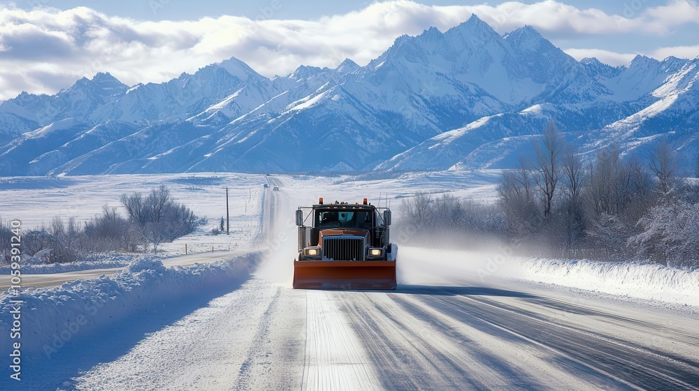 Snowplough moving through fresh snow on open highway, mountains in distance, cold weather road work Snowplough moving through fresh snow on open highway, mountains in distance, cold weather road work