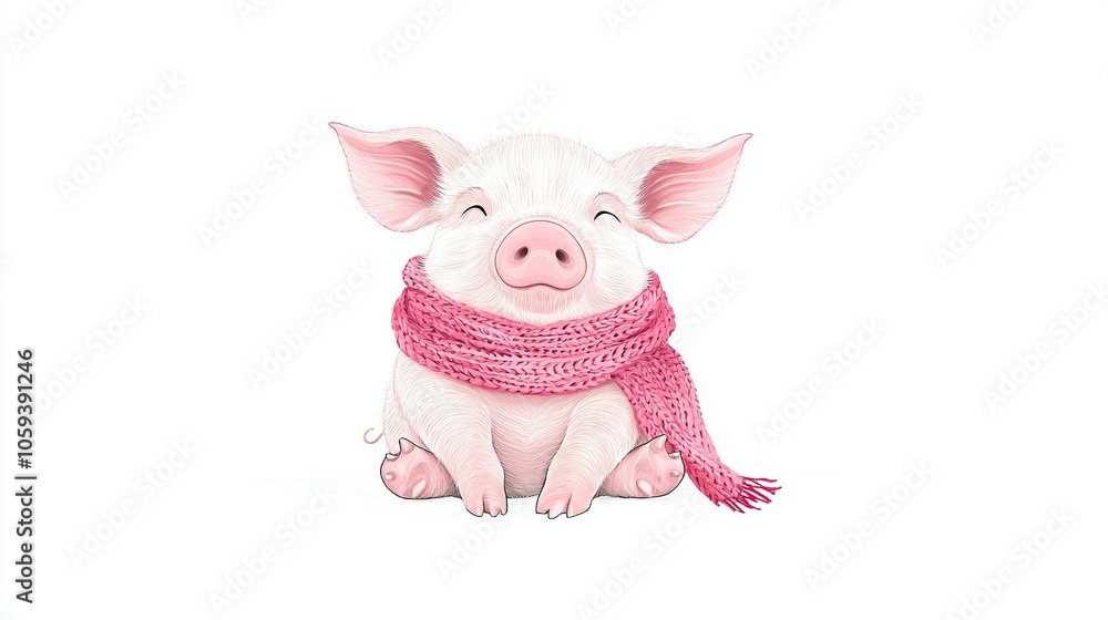 A pig with a pink scarf on a white background A pig with a pink scarf on a white background