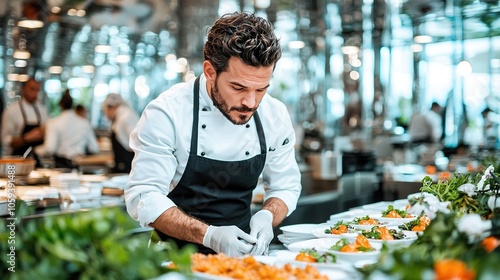   A man in a chef's uniform cooks food at a table for others to enjoy photo