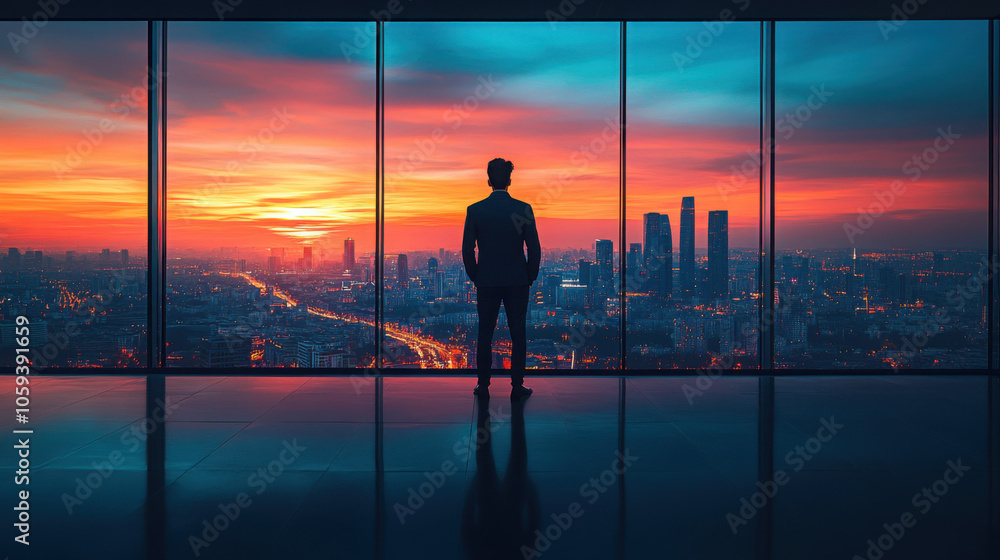 Fototapeta premium A crazy entrepreneur watching the city from a building's top, main hightlght․