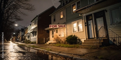 Night Photography of a Struggling Housing Market: Real Estate Challenges and Mortgage Issues in a Recession