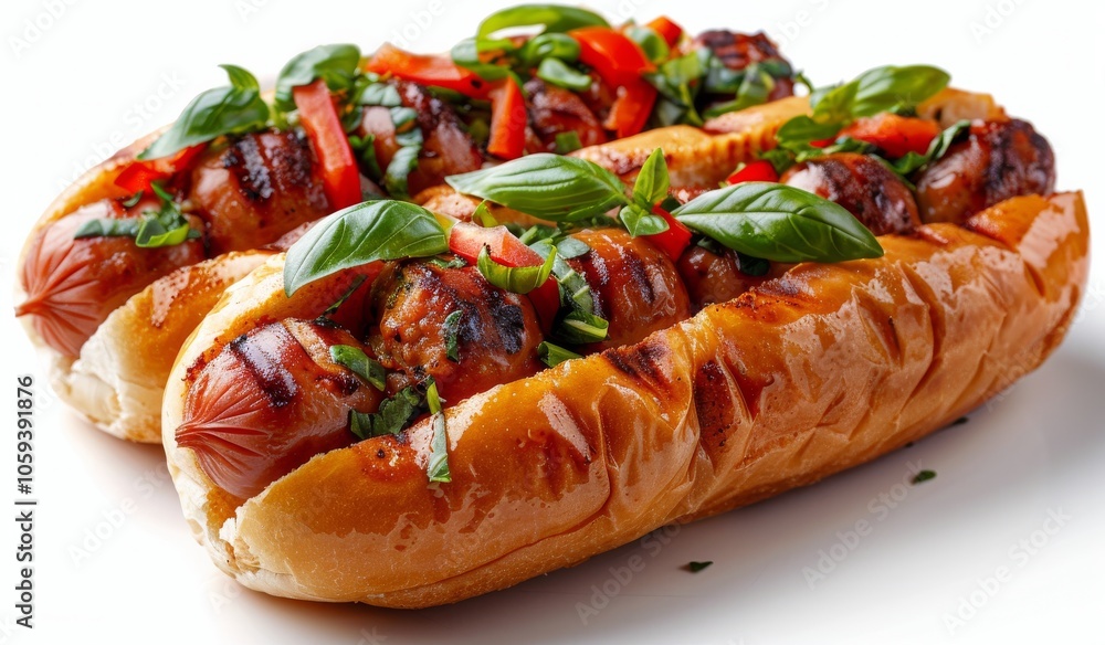 Grilled Sausages With Basil Garnish on White Background Grilled Sausages With Basil Garnish on White Background