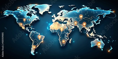 Fototapeta Naklejka Na Ścianę i Meble -  Night Photography of a World Map with Geotags, Vector Illustration of Continents and Earth, Highlighted Pins on Regions, Global Travel, Adventure, Cartography, Geography, Exploration