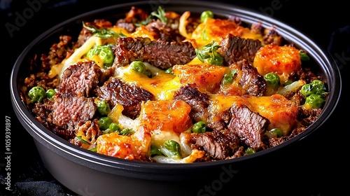  A photo of a casserole dish filled with meat and vegetables, placed on a table for a close-up view