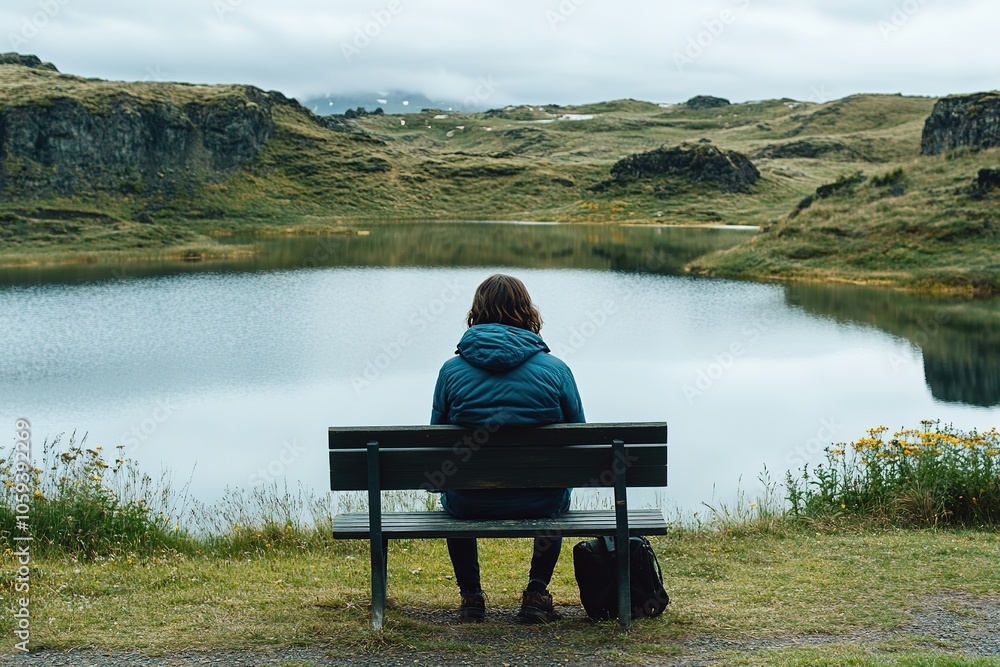 Person on bench overlooking serene lake and hills Person on bench overlooking serene lake and hills