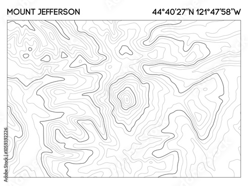 Topographic contour map of Mount Jefferson with precise elevation lines and geographical coordinates. Topographic map vector.