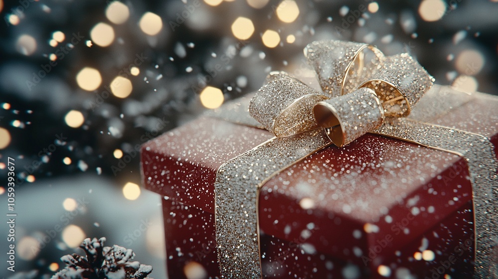 A red gift box adorned with gold ribbon and bow sits atop a Christmas tree A red gift box adorned with gold ribbon and bow sits atop a Christmas tree