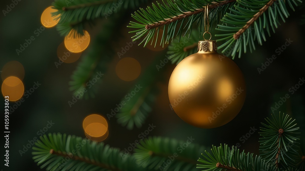 Golden Christmas Ball Hanging on Christmas Tree Golden Christmas Ball Hanging on Christmas Tree