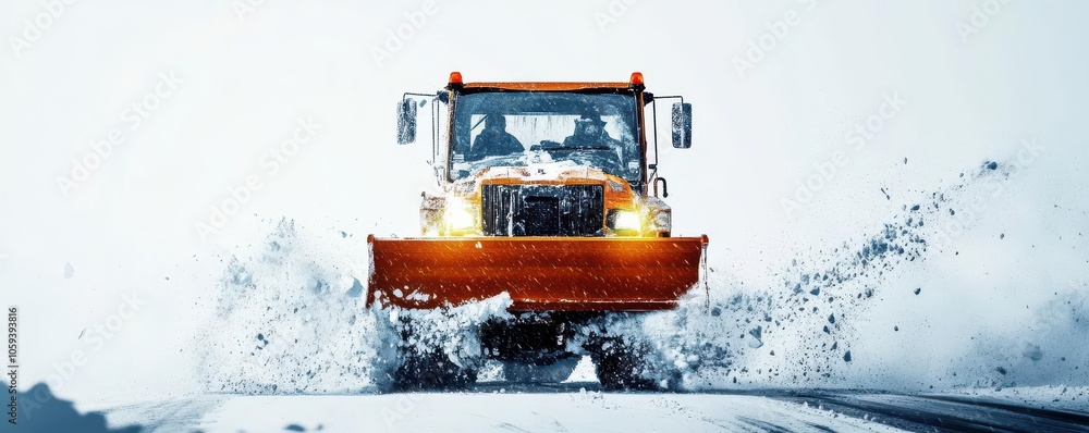 Snowplough with snow spray on either side, urban road clearing, winter safety concept Snowplough with snow spray on either side, urban road clearing, winter safety concept