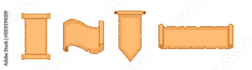 Pixel antique scrolls set. Ancient blank papyrus parchment roll for notes with torn edges and retro design for vector manuscripts