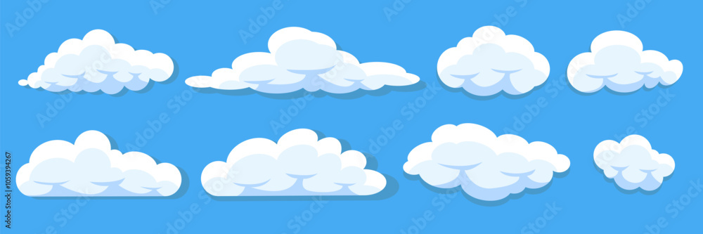 Cartoon clouds in flat design. Fluffy white clouds in blue sky. Cloud day heaven. Cartoon clouds in flat design. Fluffy white clouds in blue sky. Cloud day heaven.