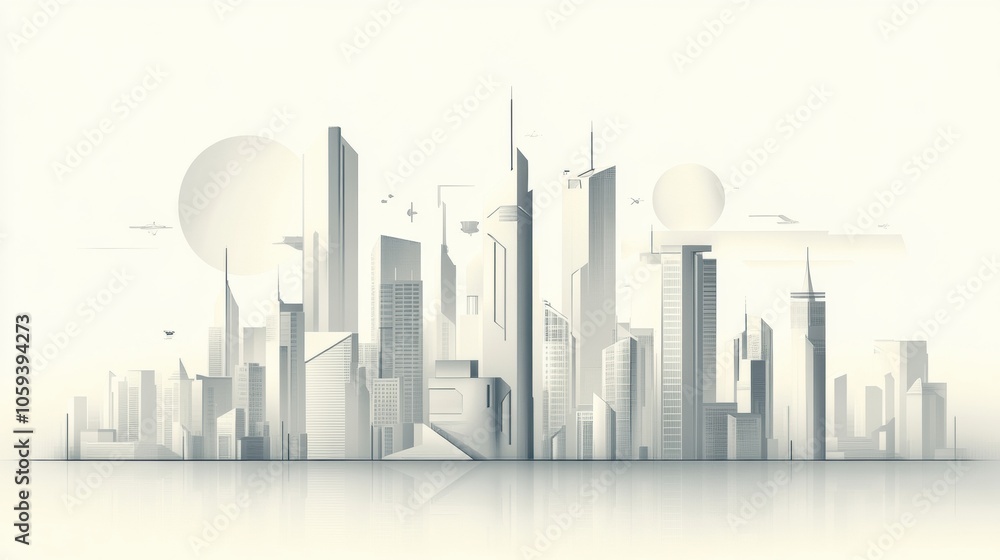 Obraz premium A minimalist artistic representation showcases a futuristic city skyline characterized by geometric forms and a serene atmosphere. Generative AI
