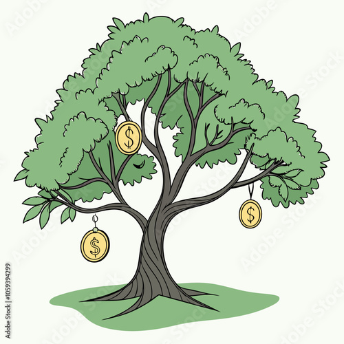 A whimsical illustration of a money tree, a symbol of prosperity and financial growth. This cartoon-style image is perfect for financial presentations, marketing materials.