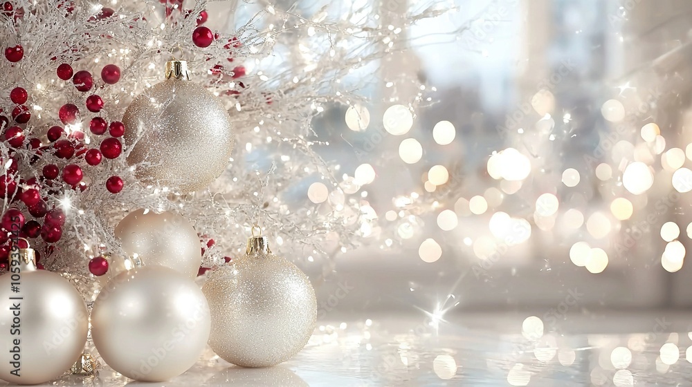 A white Christmas tree stands with red and white baubles next to an arrangement of white and red ornaments A white Christmas tree stands with red and white baubles next to an arrangement of white and red ornaments