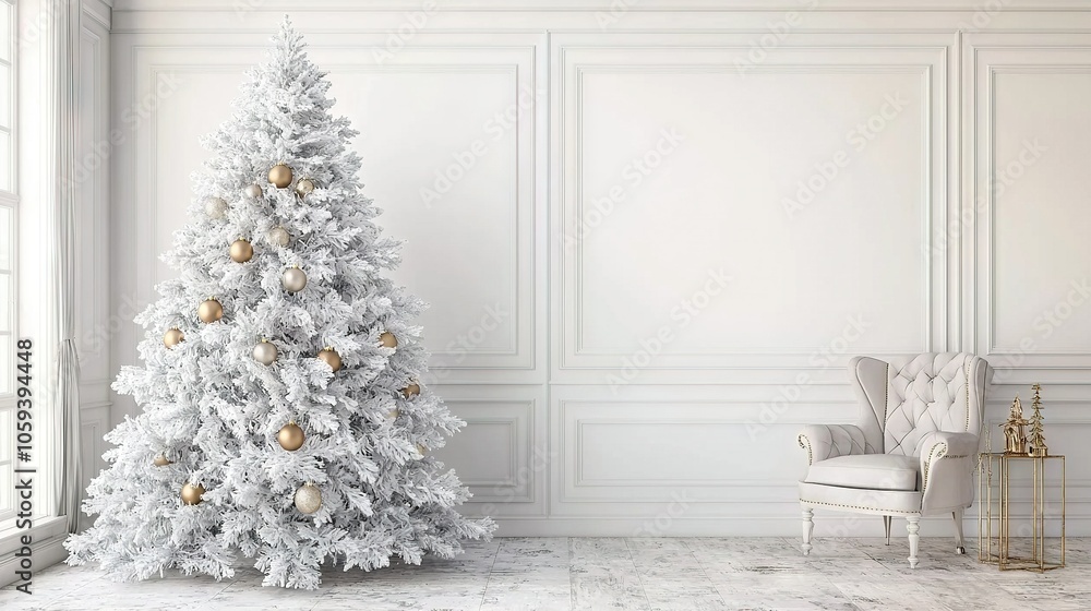 The white walls and furniture contrast beautifully with the tree, while the window allows for natural light to filter The white walls and furniture contrast beautifully with the tree, while the window allows for natural light to filter