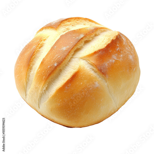 Freshly baked round bread with golden crust isolated transparent photo