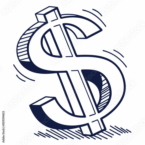 Hand-drawn illustration of a dollar sign in a 3D perspective, perfect for adding a quirky touch to financial or business designs.  This playful graphic is ideal for marketing materials.