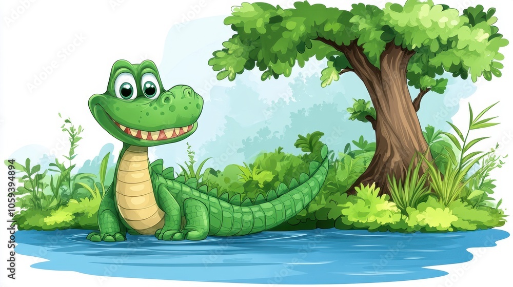 A cheerful cartoon crocodile enjoying a sunny day by the riverbank in a lush green jungle setting A cheerful cartoon crocodile enjoying a sunny day by the riverbank in a lush green jungle setting