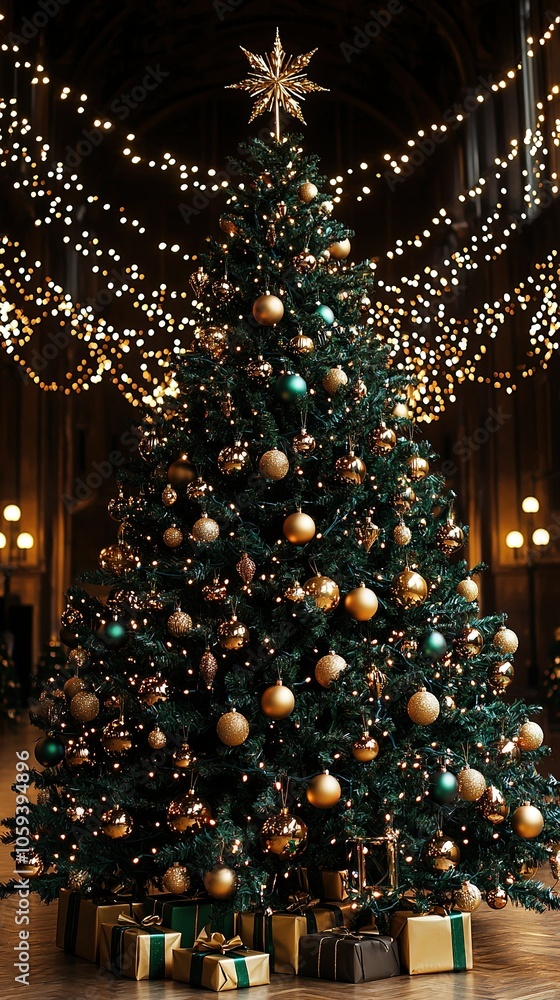 A Christmas tree in a large room, illuminated by ceiling lights and crowned with a star A Christmas tree in a large room, illuminated by ceiling lights and crowned with a star
