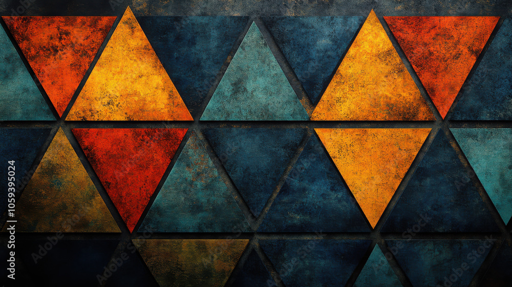 A large tessalation pattern made of triangles that starts light in the top left and gets dark in the lower right, colors are orange, navy blue and teal, flat colors. A large tessalation pattern made of triangles that starts light in the top left and gets dark in the lower right, colors are orange, navy blue and teal, flat colors.