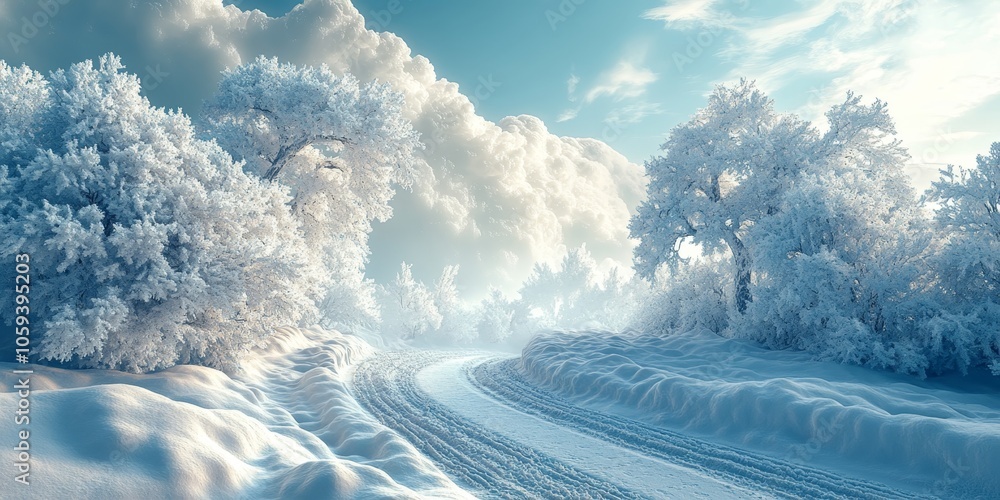 Snowstorm 3D rendering with swirling snowflakes and frost