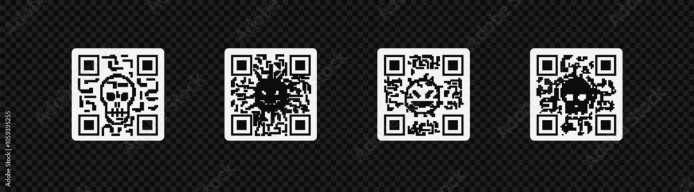 Hacker qr code set. Label logo with dangerous and malicious application for hacking personal data with cyber theft of account and vector information Hacker qr code set. Label logo with dangerous and malicious application for hacking personal data with cyber theft of account and vector information