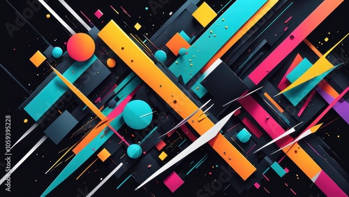 Abstract geometric composition with vibrant colors and dynamic shapes.