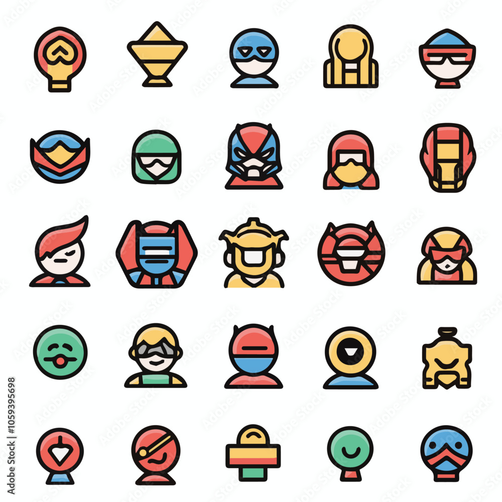 Fototapeta premium Outline Icons set of cute comic super hero