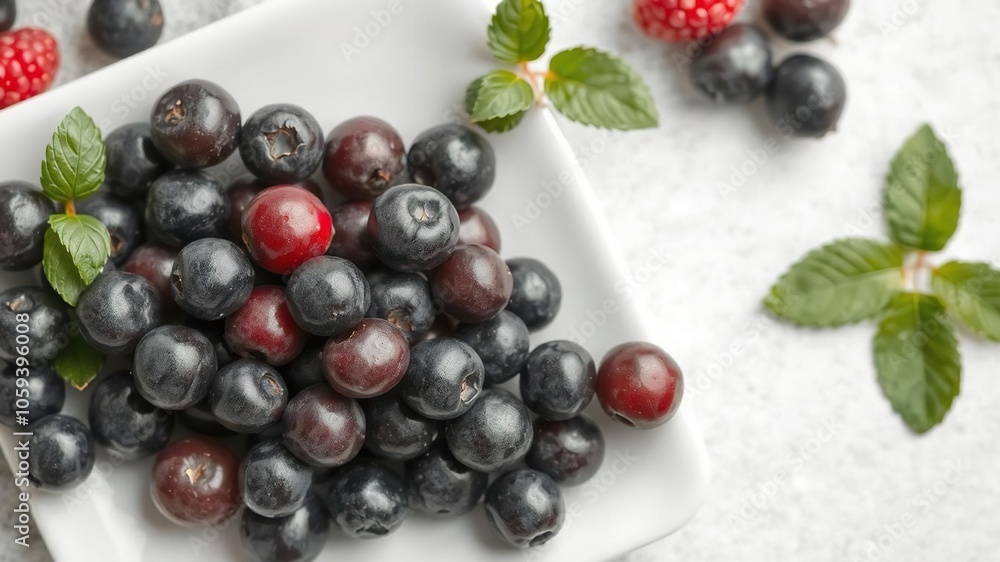 A close-up shot of fresh and juicy bilberries arranged artfully on a square plate, vibrant, square plate A close-up shot of fresh and juicy bilberries arranged artfully on a square plate, vibrant, square plate