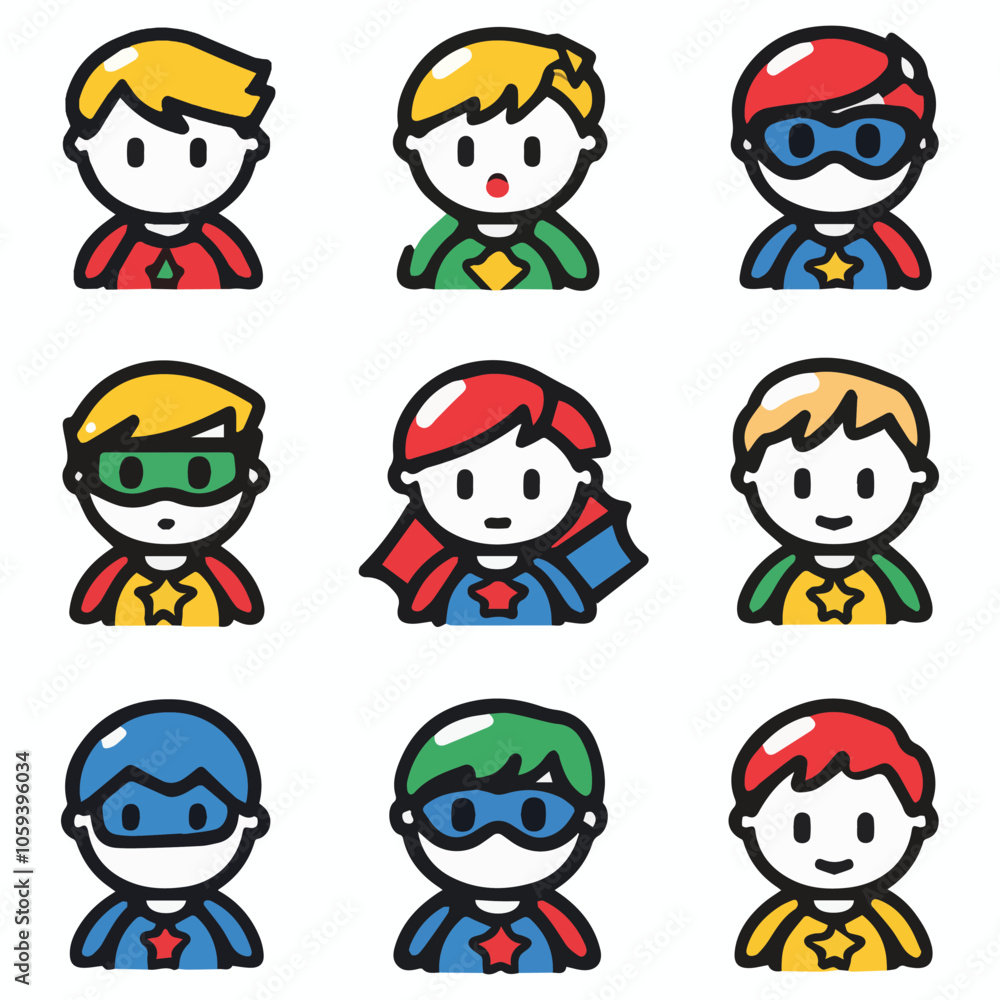 Outline Icons set of cute comic super hero Outline Icons set of cute comic super hero