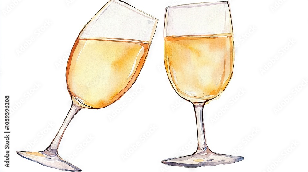 Two champagne glasses sit beside a bottle of wine on a white table Two champagne glasses sit beside a bottle of wine on a white table