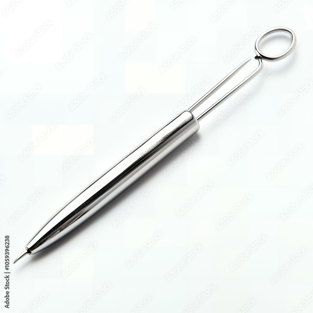 A silver-colored pen with a unique ring design.
