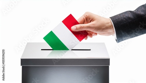 イタリアの国旗の投票用紙を投票する手と投票箱。選挙。(Hand and ballot box voting a ballot paper with the Italy flag on it. election.)
 photo