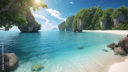 Beautiful summer landscape with tropical beach, palm trees and crystal clear ocean. Amazing travel destination for vacation and relax
