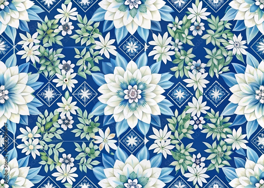 Organic Diagonal Pattern with Blue and White Flower Petals and Leaves for Home Décor and Fabric Design Organic Diagonal Pattern with Blue and White Flower Petals and Leaves for Home Décor and Fabric Design