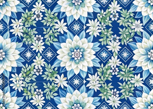 Organic Diagonal Pattern with Blue and White Flower Petals and Leaves for Home Décor and Fabric Design