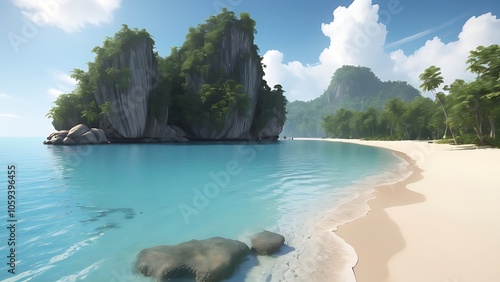 Beautiful summer landscape with tropical beach, palm trees and crystal clear ocean. Amazing travel destination for vacation and relax