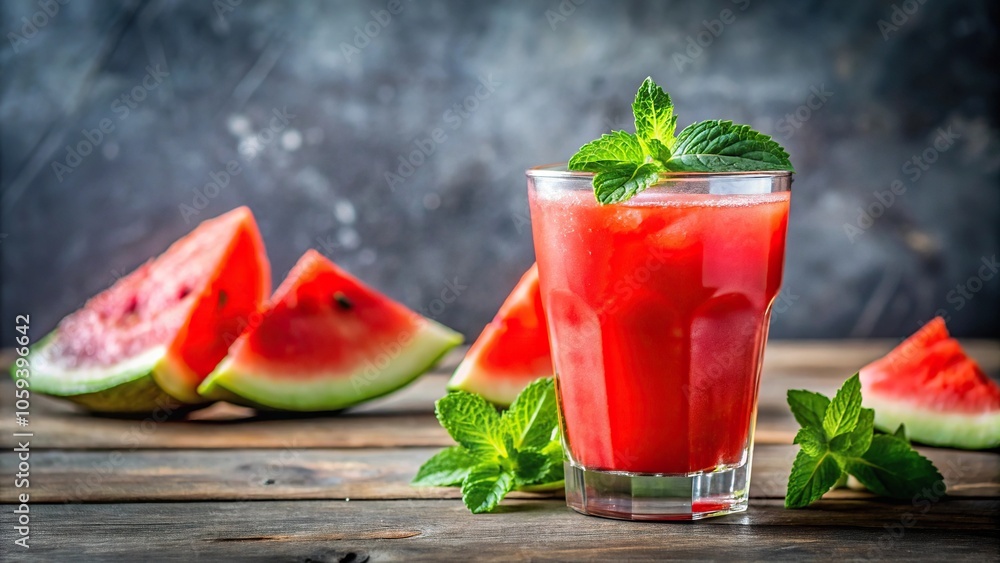 A colorful glass of watermelon infused drink with a few fresh mint leaves on the rim, hydrating, outdoor activities, summer fun, colorful drink, cool A colorful glass of watermelon infused drink with a few fresh mint leaves on the rim, hydrating, outdoor activities, summer fun, colorful drink, cool
