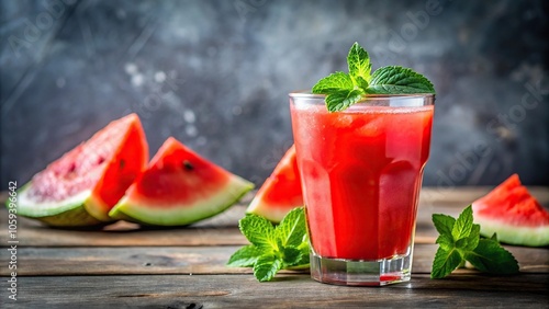 A colorful glass of watermelon infused drink with a few fresh mint leaves on the rim, hydrating, outdoor activities, summer fun, colorful drink, cool