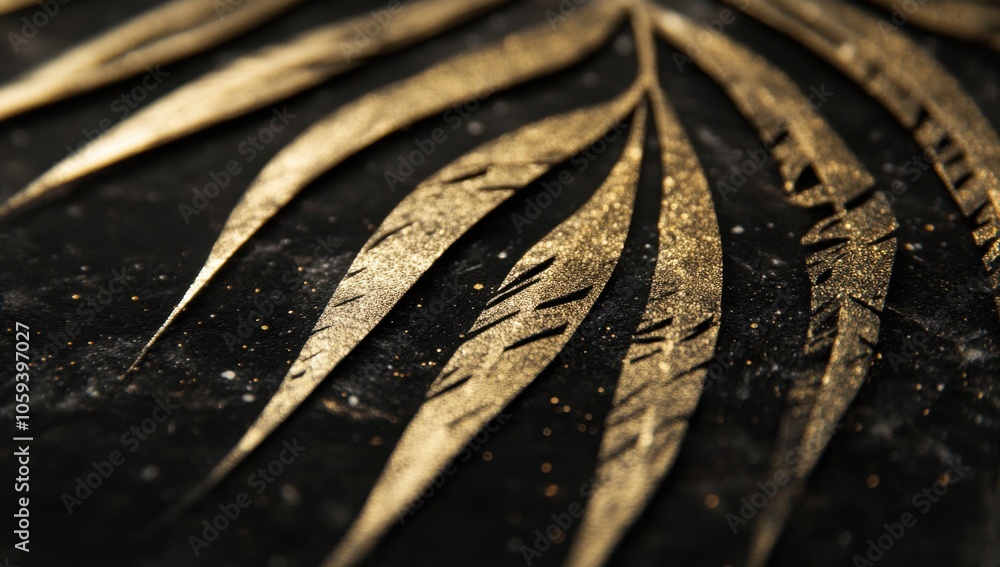 A close-up of the black palm leaf, with thin lines and shimmering gold accents, set against a dark background Generative AI A close-up of the black palm leaf, with thin lines and shimmering gold accents, set against a dark background Generative AI