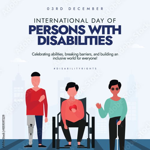 International day of persons with disabilities. 3rd December Day of Persons with disabilities celebration banner with different disable people. The day promotes rights and well being of Disable people
