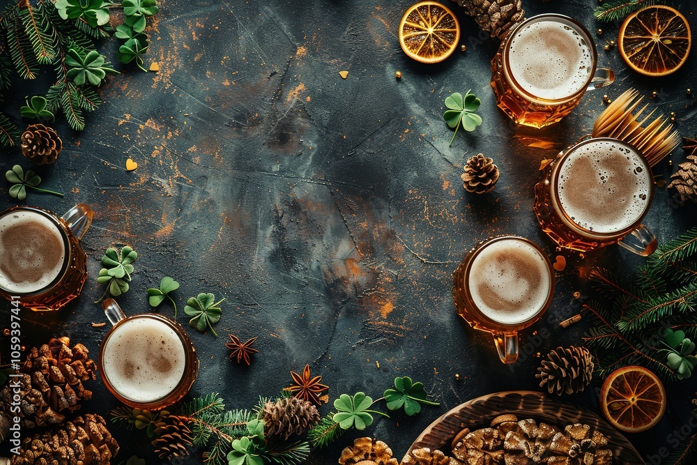 A table with a bunch of beer glasses and a bunch of pine cones A table with a bunch of beer glasses and a bunch of pine cones
