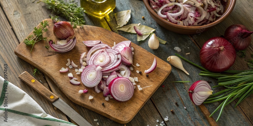 Overhead View of Chopped Shallots on Table - Fresh Ingredients for Cooking and Culinary Art Overhead View of Chopped Shallots on Table - Fresh Ingredients for Cooking and Culinary Art