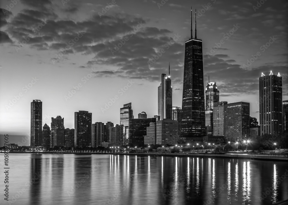 Fototapeta premium Panoramic Black and White Skyline Reflection of Modern City in Low Light