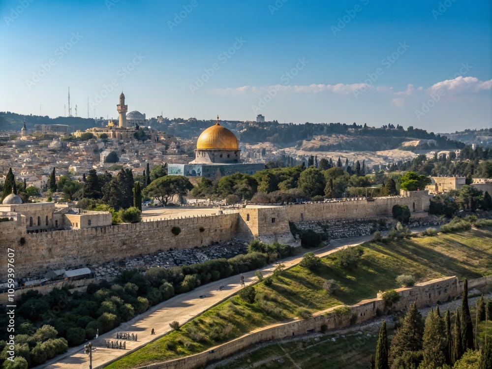 Fototapeta premium Panoramic Aerial View of Jerusalem's Historic Skyline and Landmarks in Israel