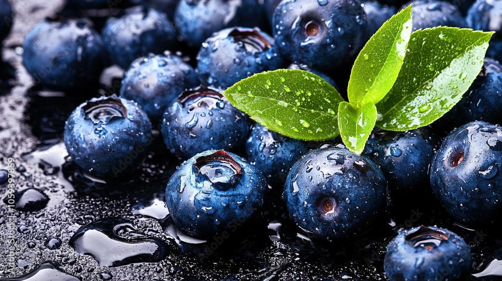 A blueberry cluster with water drops and a green leaf above it A blueberry cluster with water drops and a green leaf above it