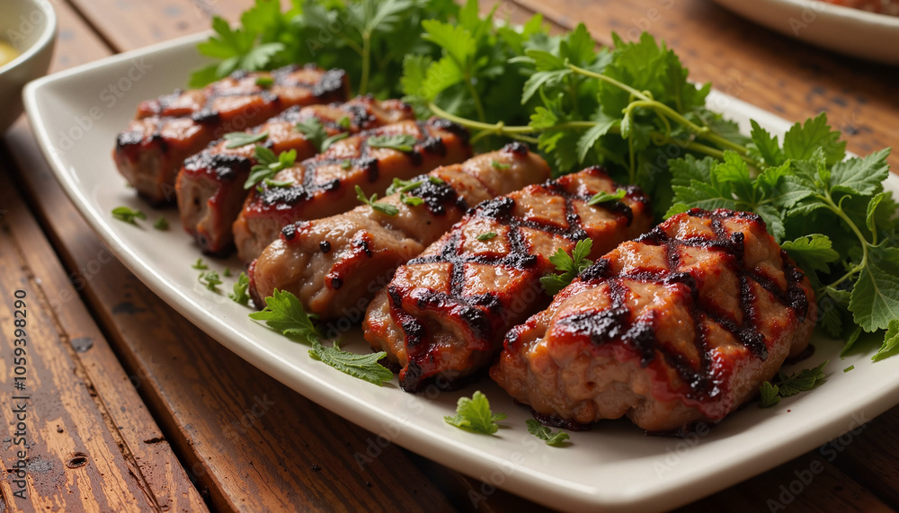 Grilled skewers of marinated meat garnished with fresh herbs on a white platter, served for a summer barbecue gathering. Generative AI Grilled skewers of marinated meat garnished with fresh herbs on a white platter, served for a summer barbecue gathering. Generative AI